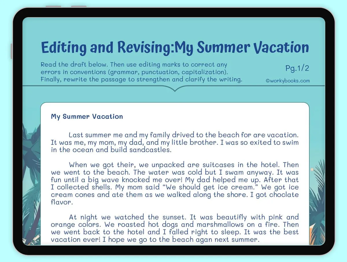 Interactive Worksheet preview: Editing and Revising:My Summer Vacation covering  standards - Page 1 of 1