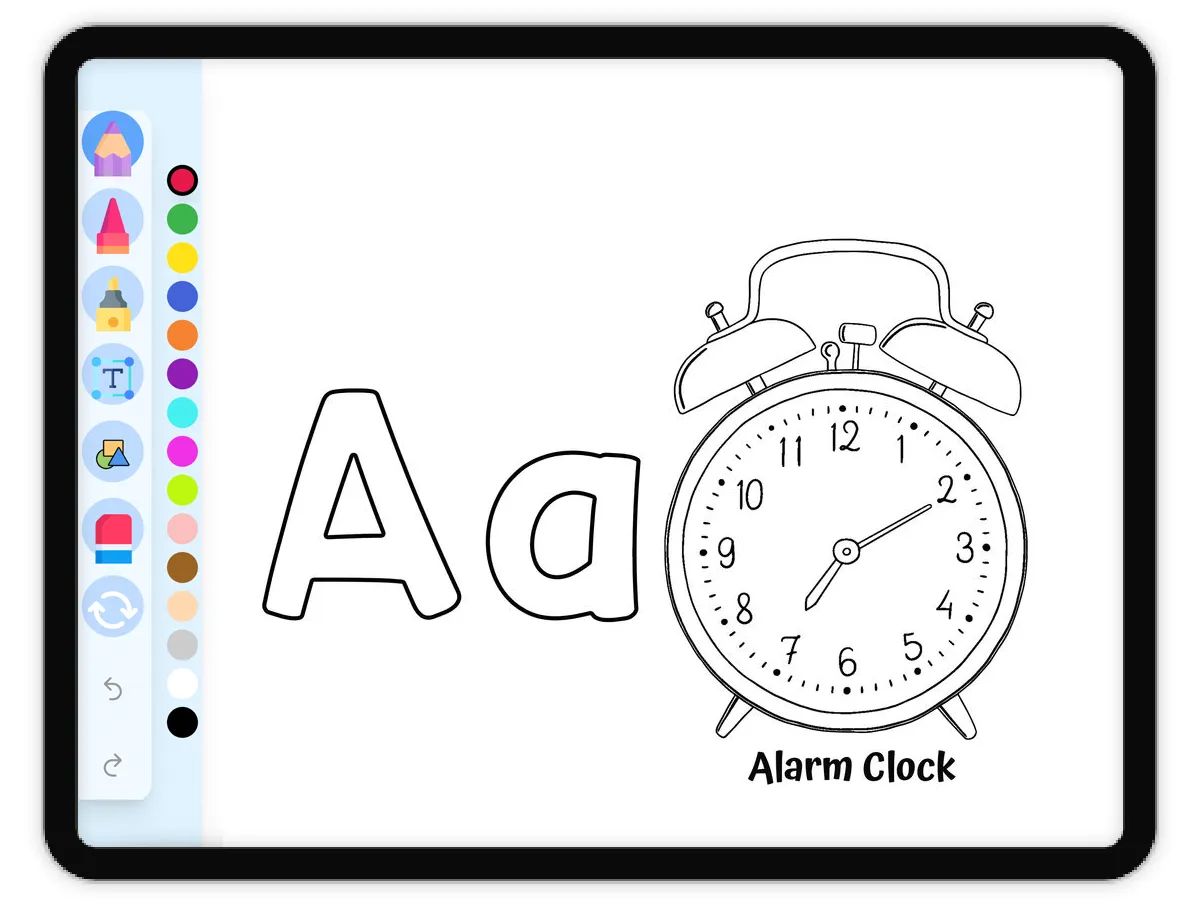 Interactive coloring page preview: A for Alarm Clock - Everyday Objects - A fun educational coloring activity - Page 1