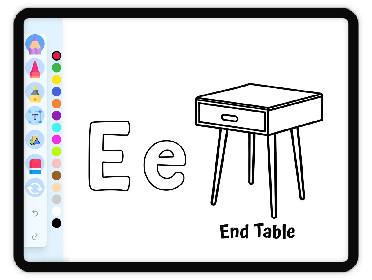 Interactive coloring page preview: E for End Table - Everyday Objects - A fun educational coloring activity - Page 1