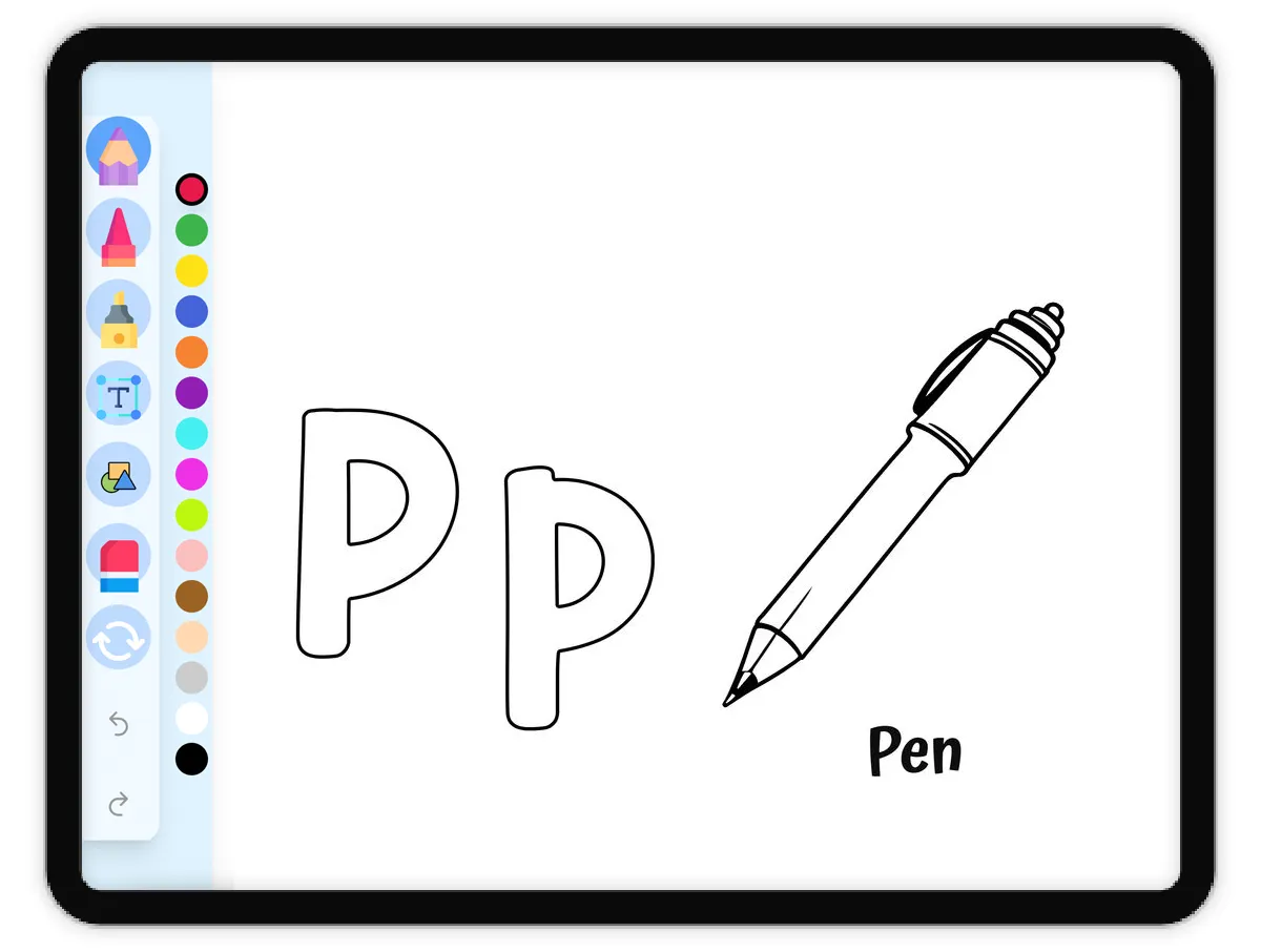 Interactive coloring page preview: P for Pen - Everyday Objects - A fun educational coloring activity - Page 1