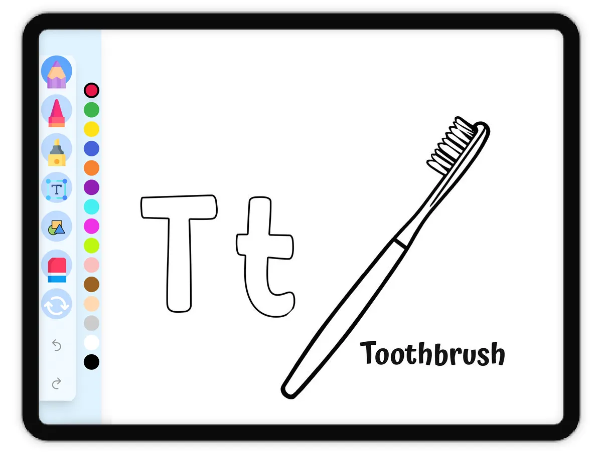 Interactive coloring page preview: T for Toothbrush - Everyday Objects - A fun educational coloring activity - Page 1