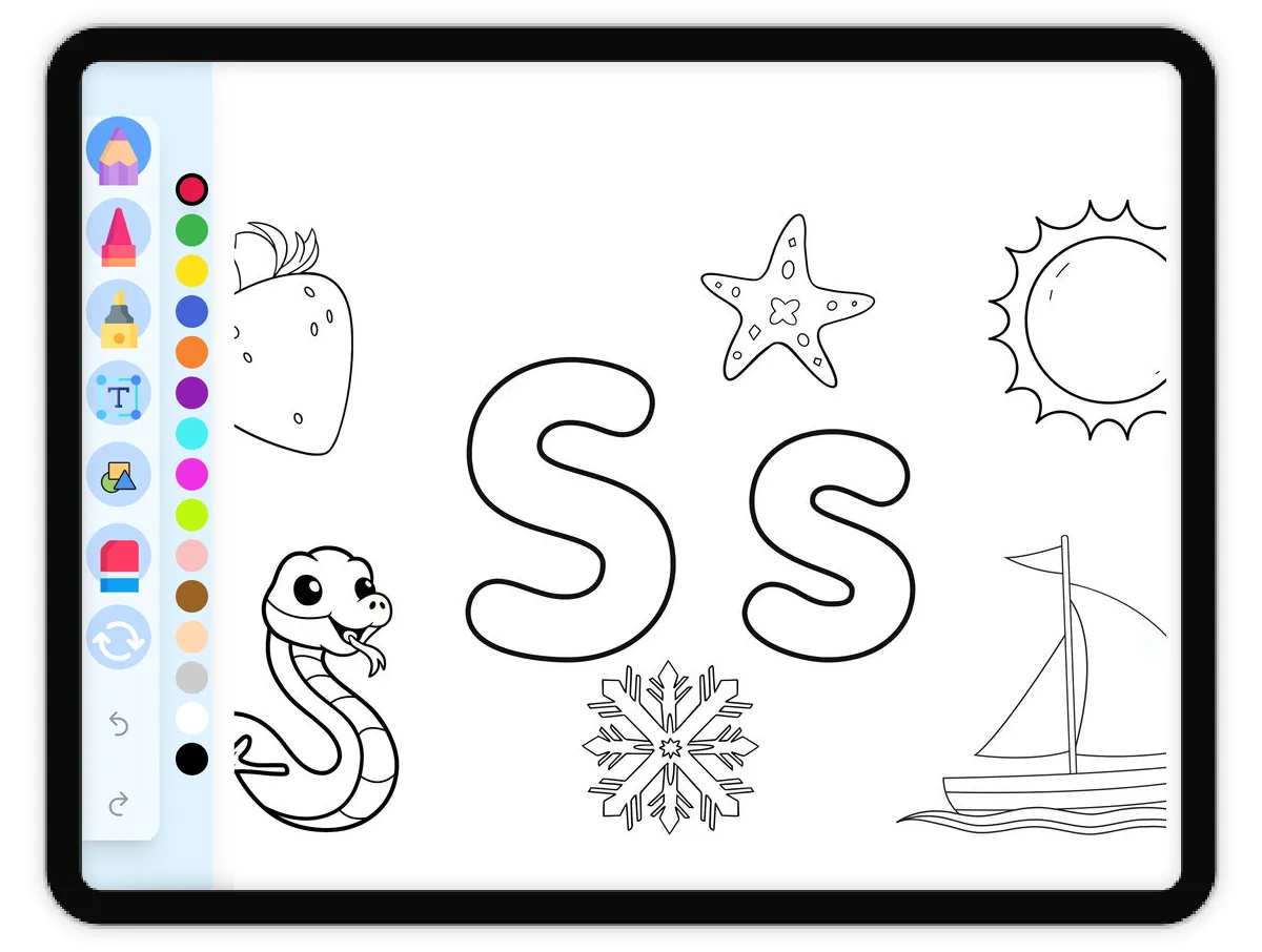 Interactive coloring page preview: Letter S - A fun educational coloring activity - Page 1