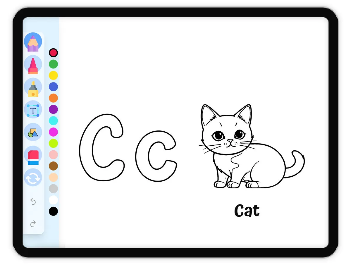 Interactive coloring page preview: Curious Cat, Alphabet C - A fun educational coloring activity - Page 1