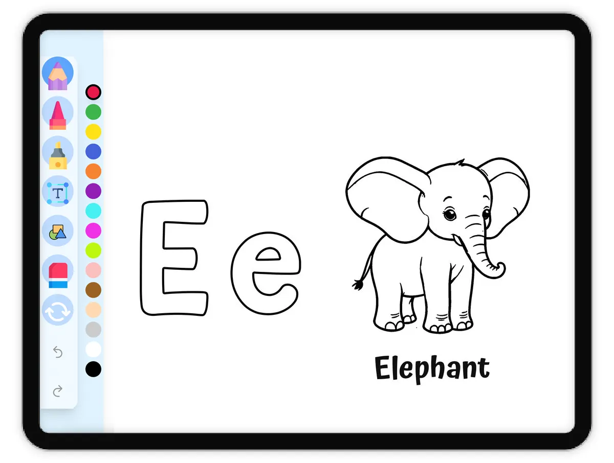 Interactive coloring page preview: Elegant Elephant, Alphabet E - A fun educational coloring activity - Page 1