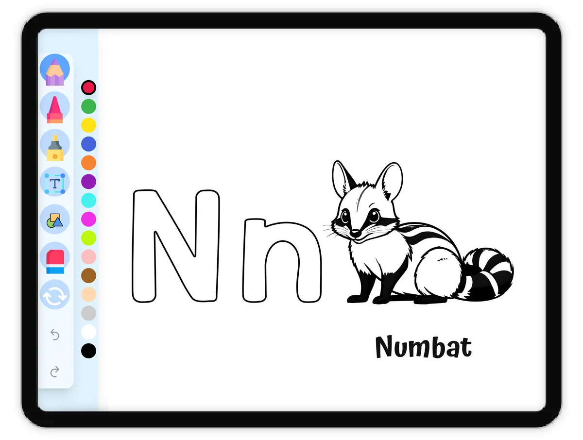 Interactive coloring page preview: Napping Numbat, Alphabet N - A fun educational coloring activity - Page 1