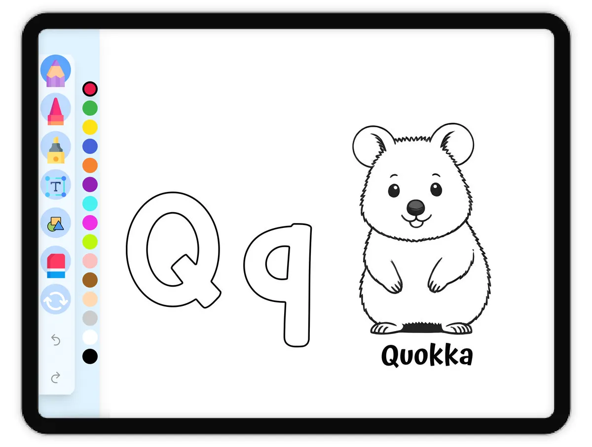 Interactive coloring page preview: Quirky Quokka, Alphabet Q - A fun educational coloring activity - Page 1