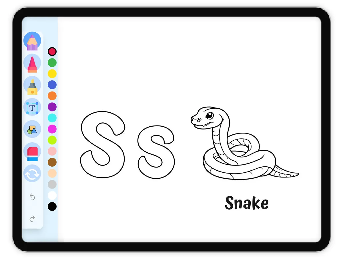 Interactive coloring page preview: Snake, Alphabet S - A fun educational coloring activity - Page 1
