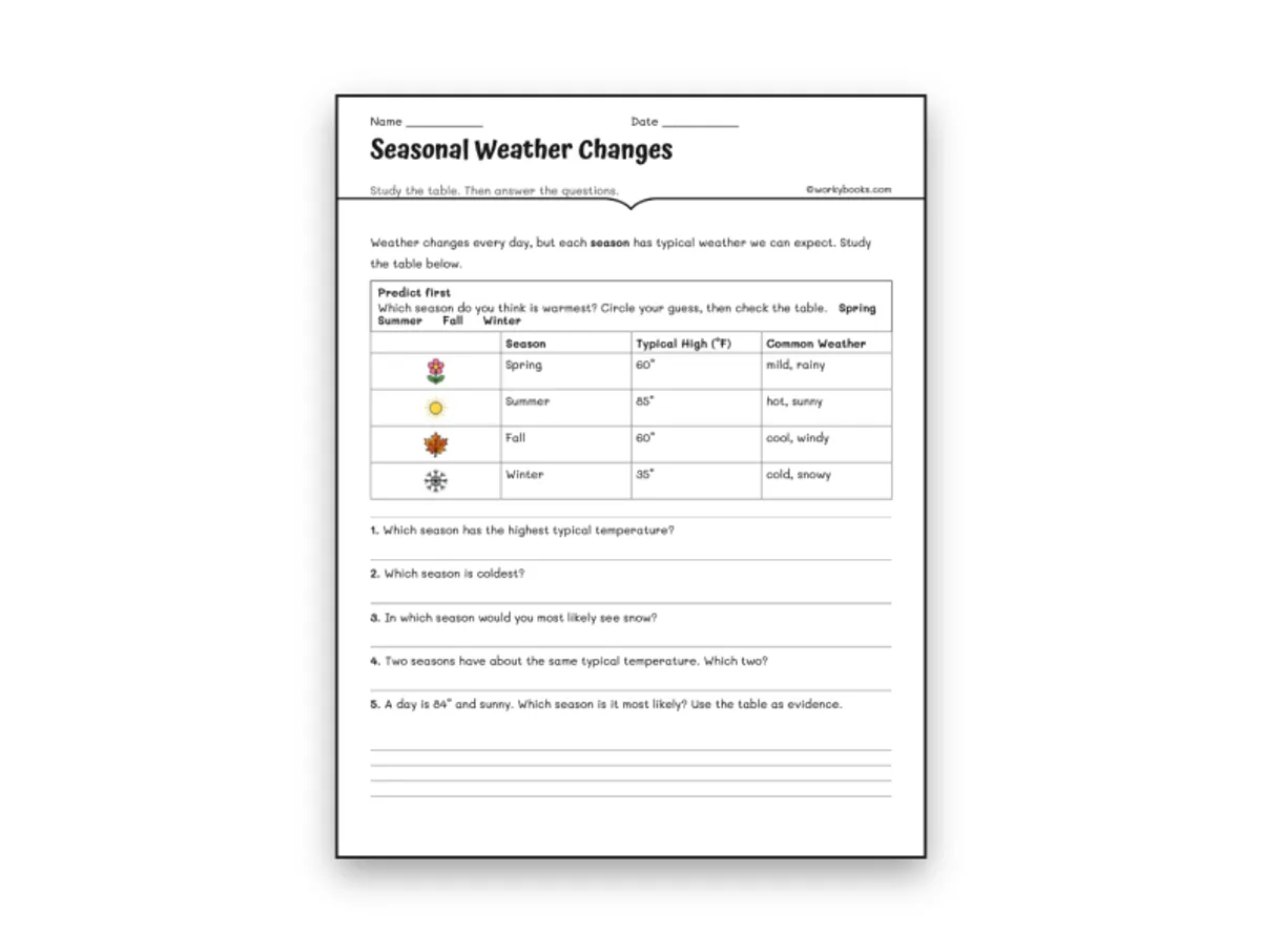 Worksheet preview: Seasonal Weather Changes - Page 1 of null