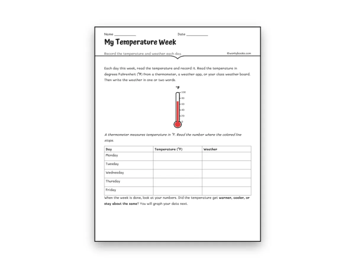 Worksheet preview: My Temperature Week - Page 1 of null