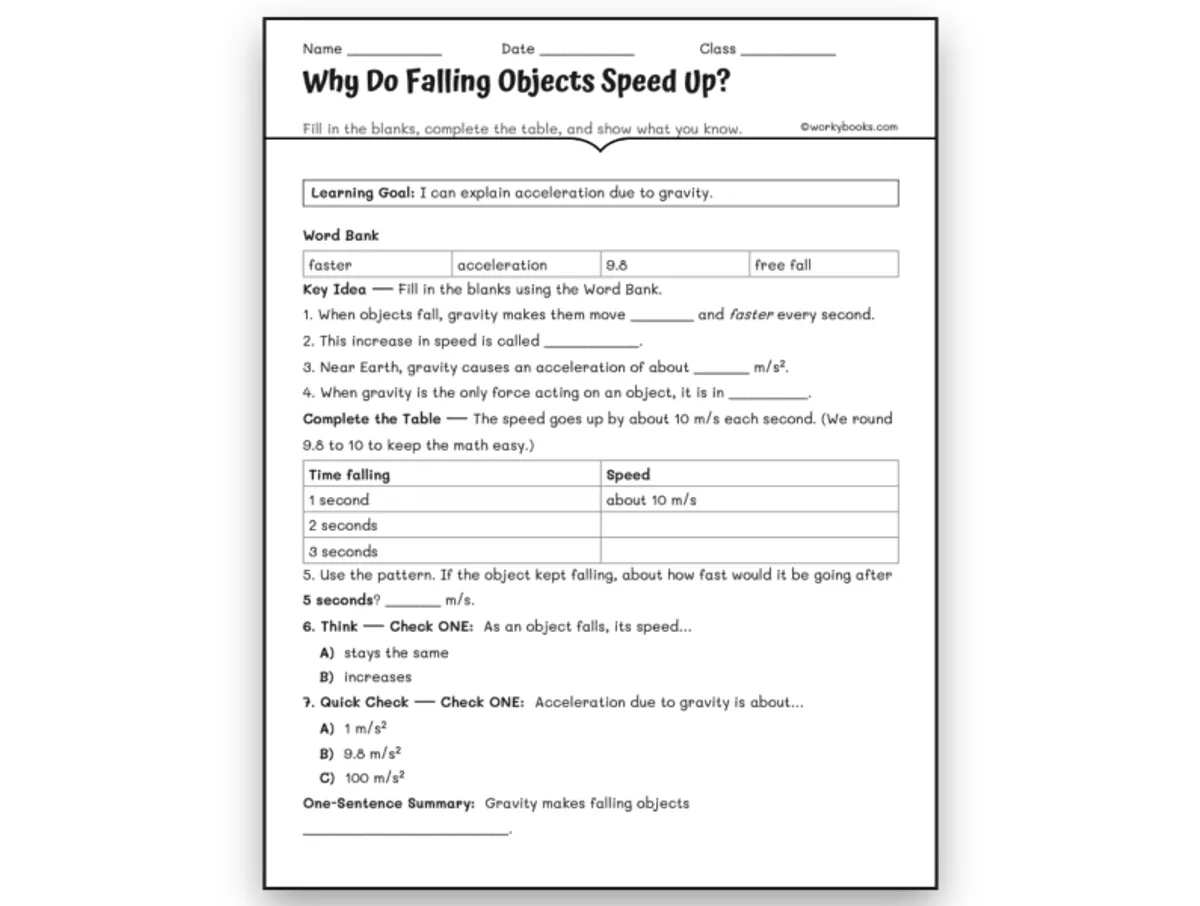 Worksheet preview: Why Do Falling Objects Speed Up - Page 1 of null