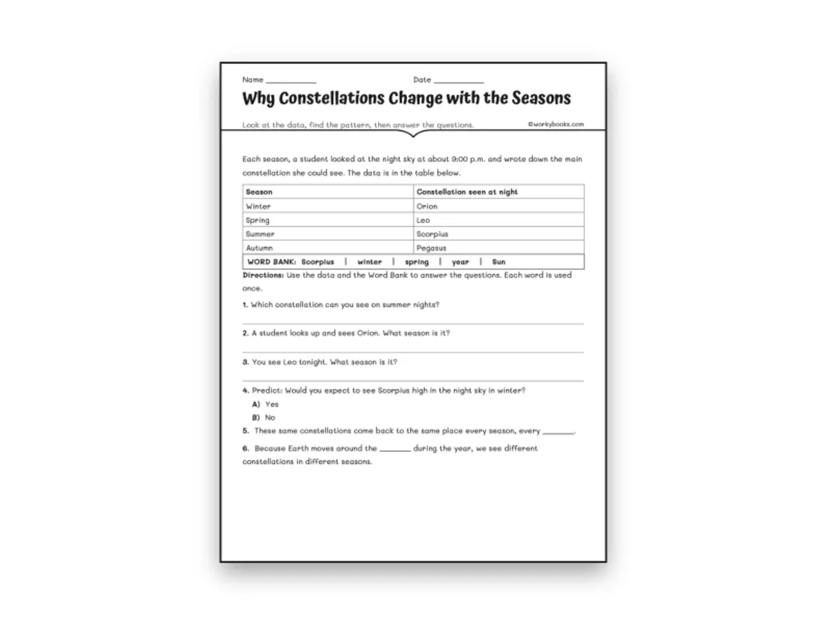 Worksheet preview: Why Constellations Change with the Seasons - Page 1 of null