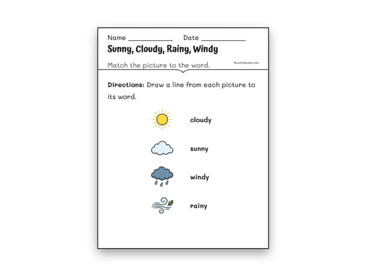 Worksheet preview: Sunny, Cloudy, Rainy, Windy - Page 1 of null