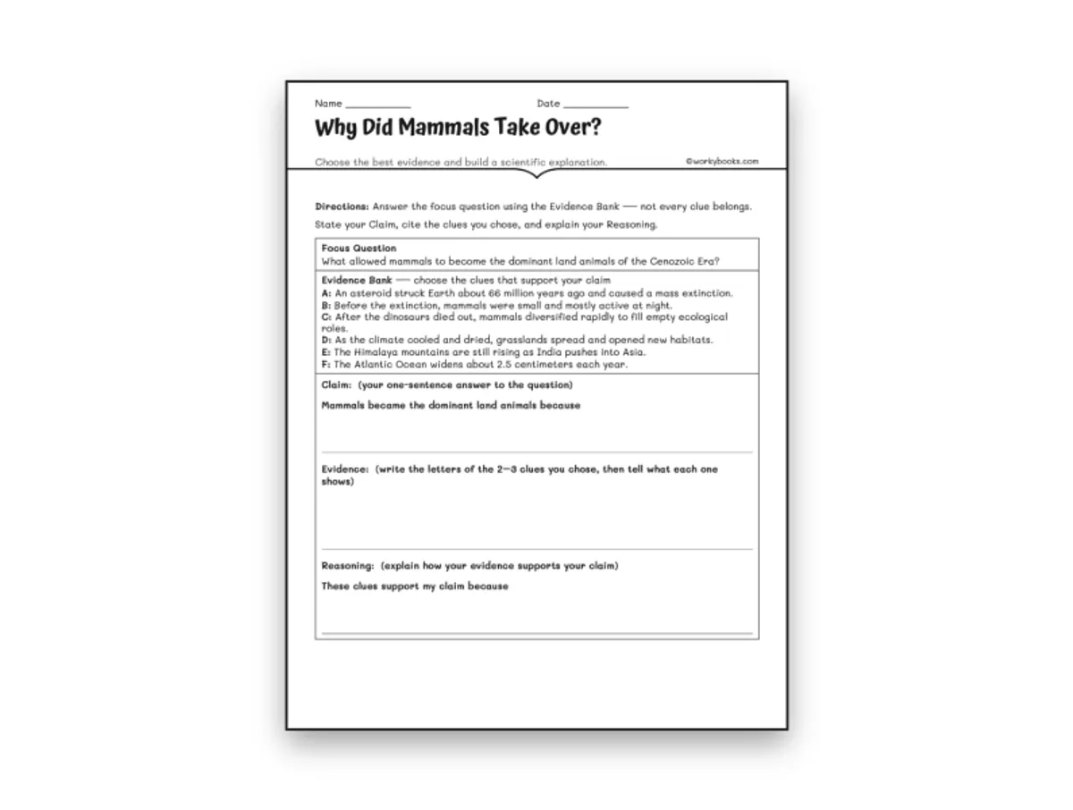 Worksheet preview: Why Did Mammals Take Over? — A Cenozoic CER - Page 1 of null