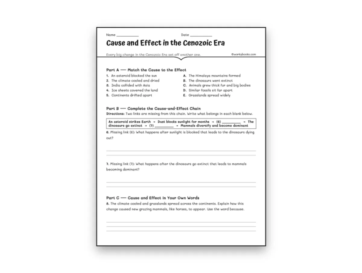 Worksheet preview: Cause and Effect in the Cenozoic Era - Page 1 of null