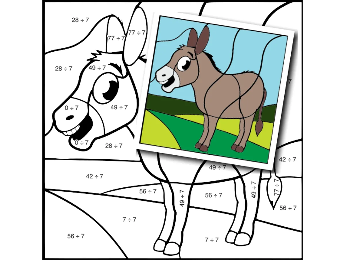 Worksheet preview: div by 7 Color by Number — Farm Animal Donkey - Page 1 of 1