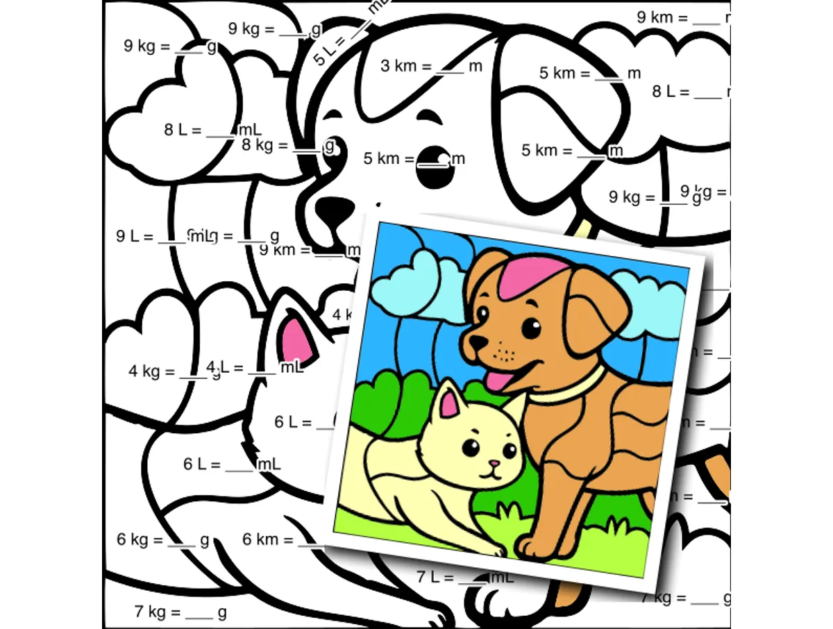 Worksheet preview: Metric Conversions Color by Number — Cat and dog playing together - Page 1 of 1