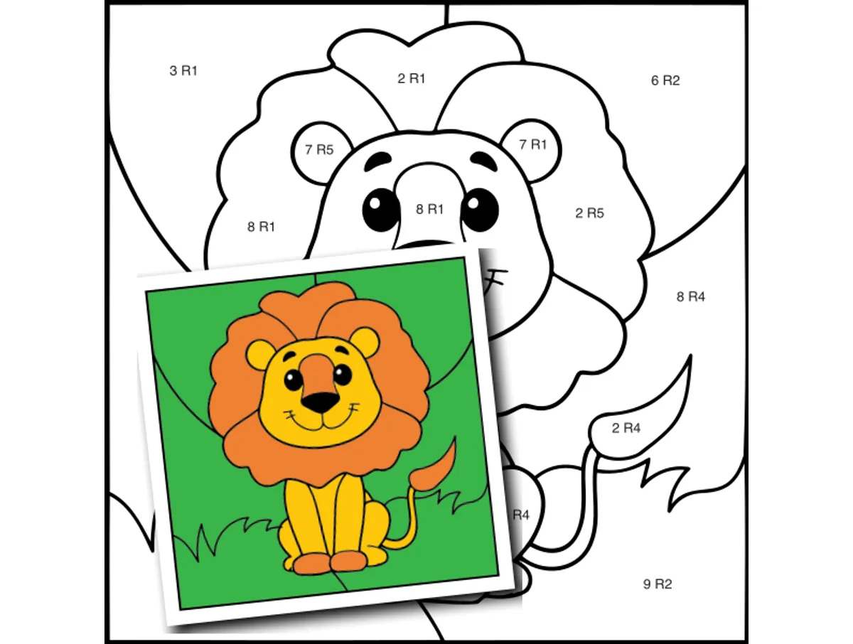 Worksheet preview: Division with Remainders Color by Number — Zoo Animal Lion - Page 1 of 1
