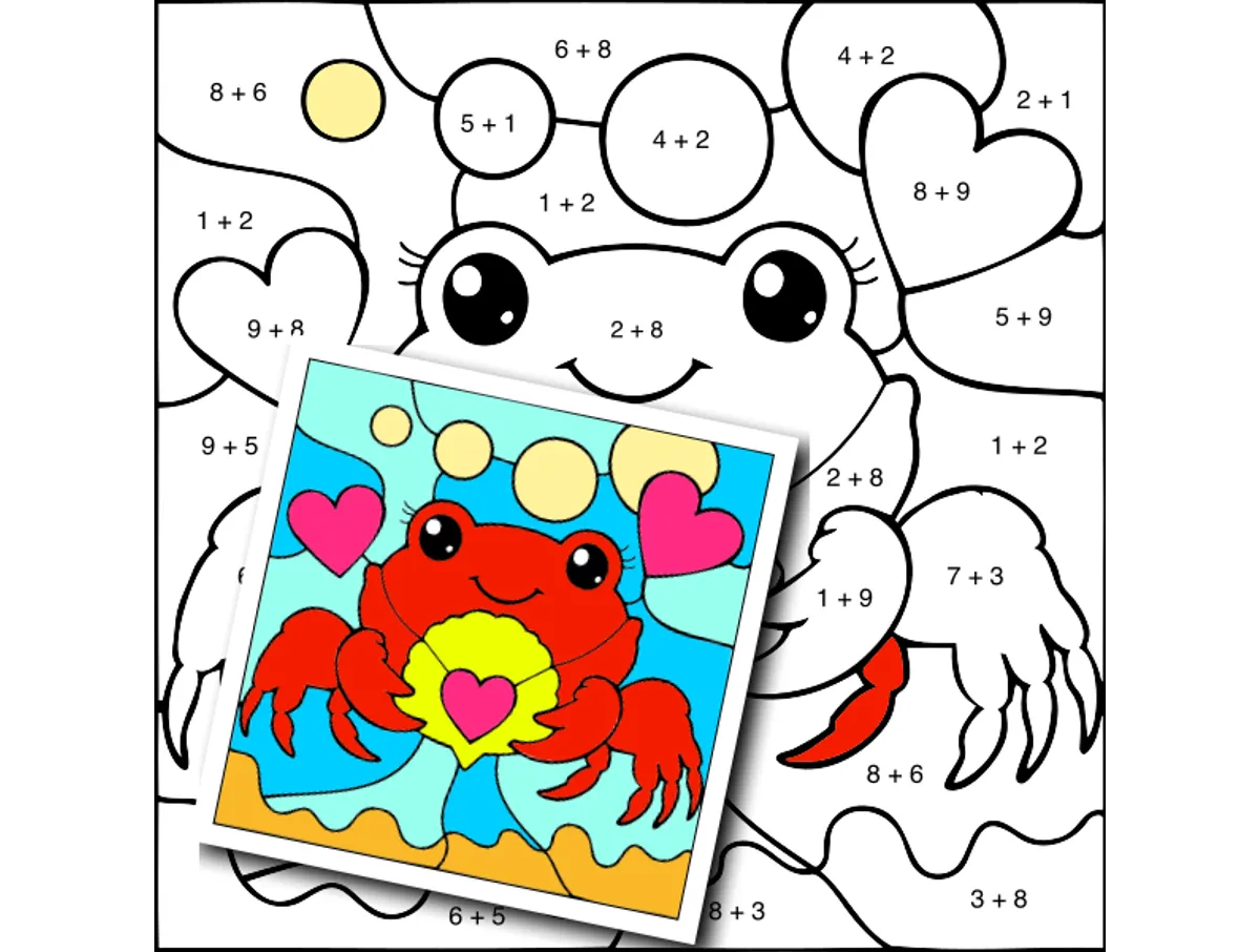 Worksheet preview: Addition within 20 Color by Number — Crab holding a heart-shaped seashell - Page 1 of 1