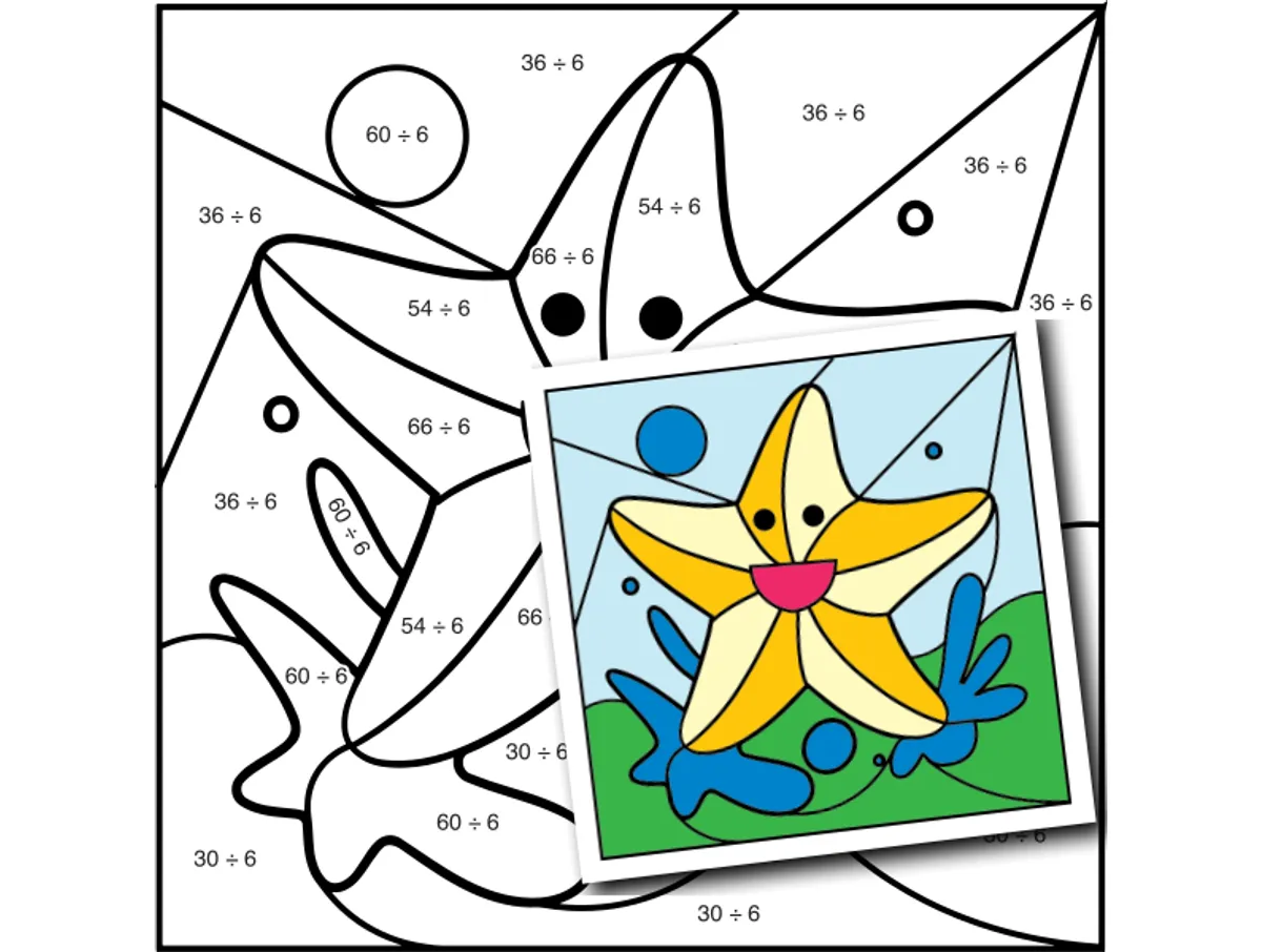 Worksheet preview: div by 6 Color by Number — Yellow and Beige Starfish - Page 1 of 1