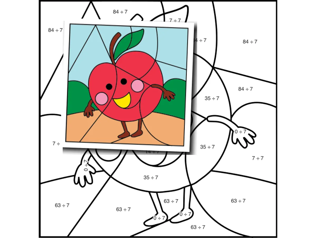 Worksheet preview: div by 7 Color by Number — Apple - Page 1 of 1