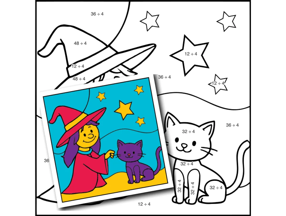 Worksheet preview: div by 4 Color by Number — Witch with a Friendly Cat - Page 1 of 1