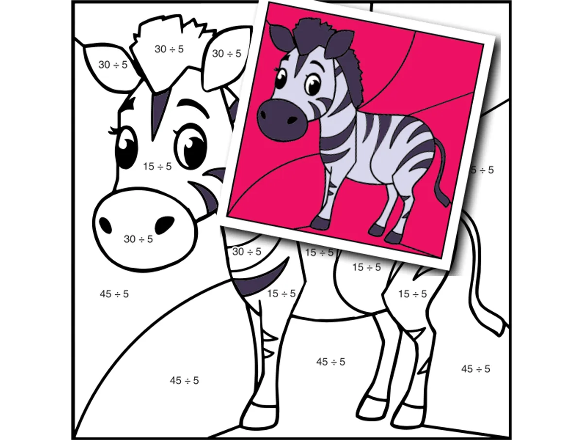 Worksheet preview: div by 5 Color by Number — Zoo Animal Zebra - Page 1 of 1