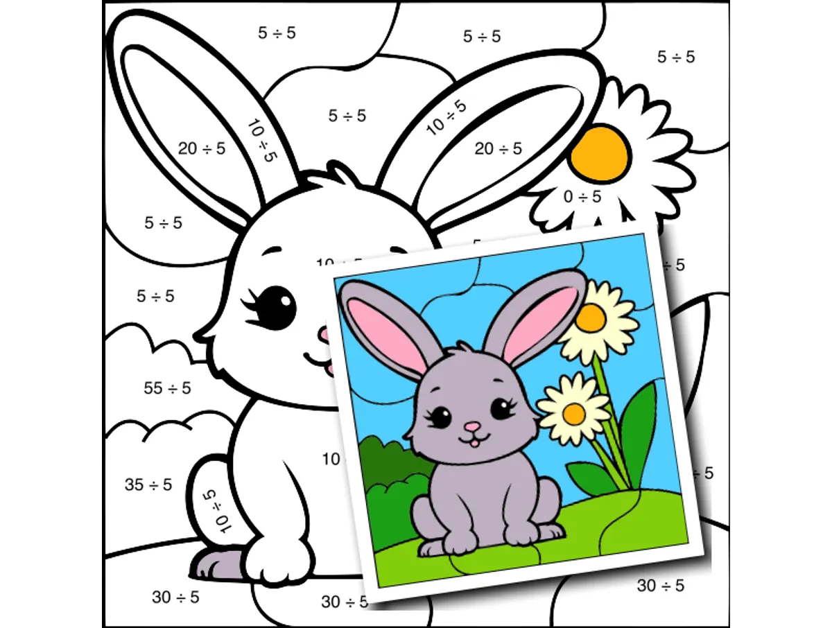 Worksheet preview: div by 5 Color by Number — Bunny with a Daisy - Page 1 of 1