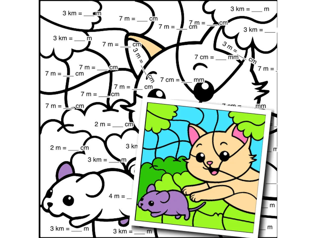 Worksheet preview: Metric Length Color by Number — Cat chasing a mouse - Page 1 of 1