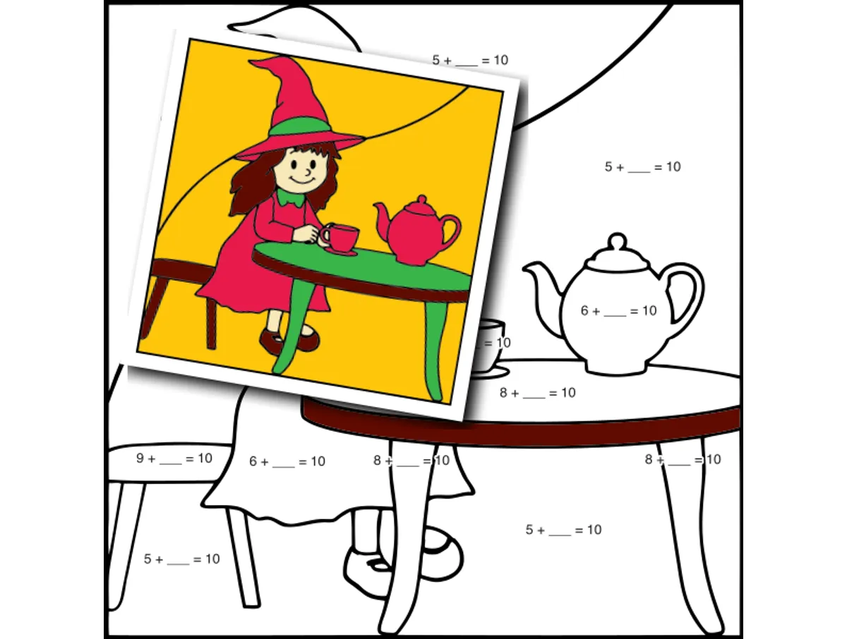 Worksheet preview: Make 10 Color by Number — Witch and a Tea Party - Page 1 of 1