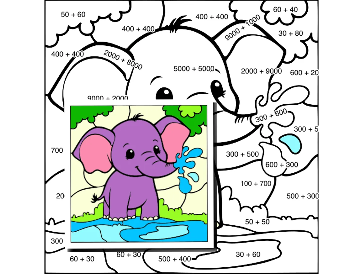 Worksheet preview: Add Multiples of 10 Color by Number — Elephant Spraying Water Playfully - Page 1 of 1