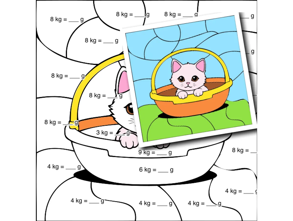 Worksheet preview: Metric Mass Color by Number — cat in a basket - Page 1 of 1