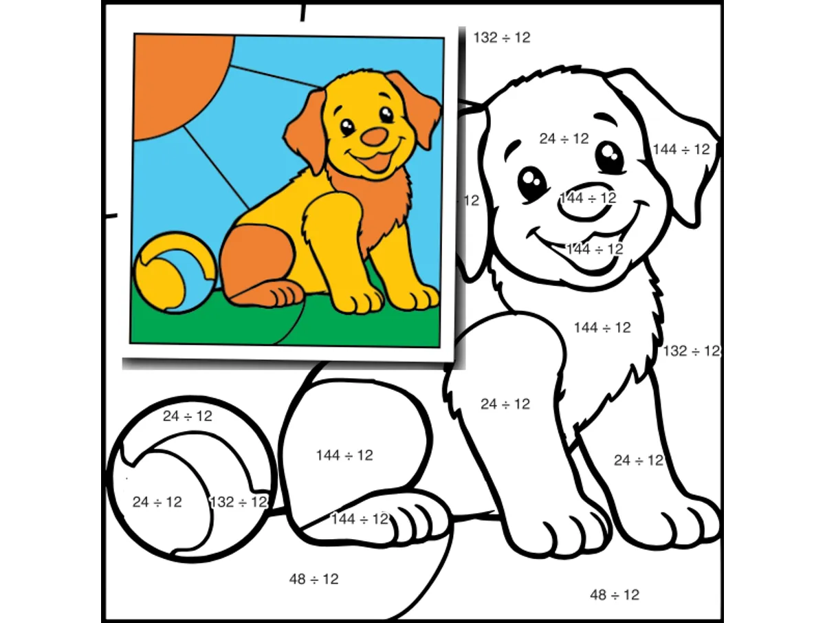 Worksheet preview: div by 12 Color by Number — Golden Retriever Puppy - Page 1 of 1