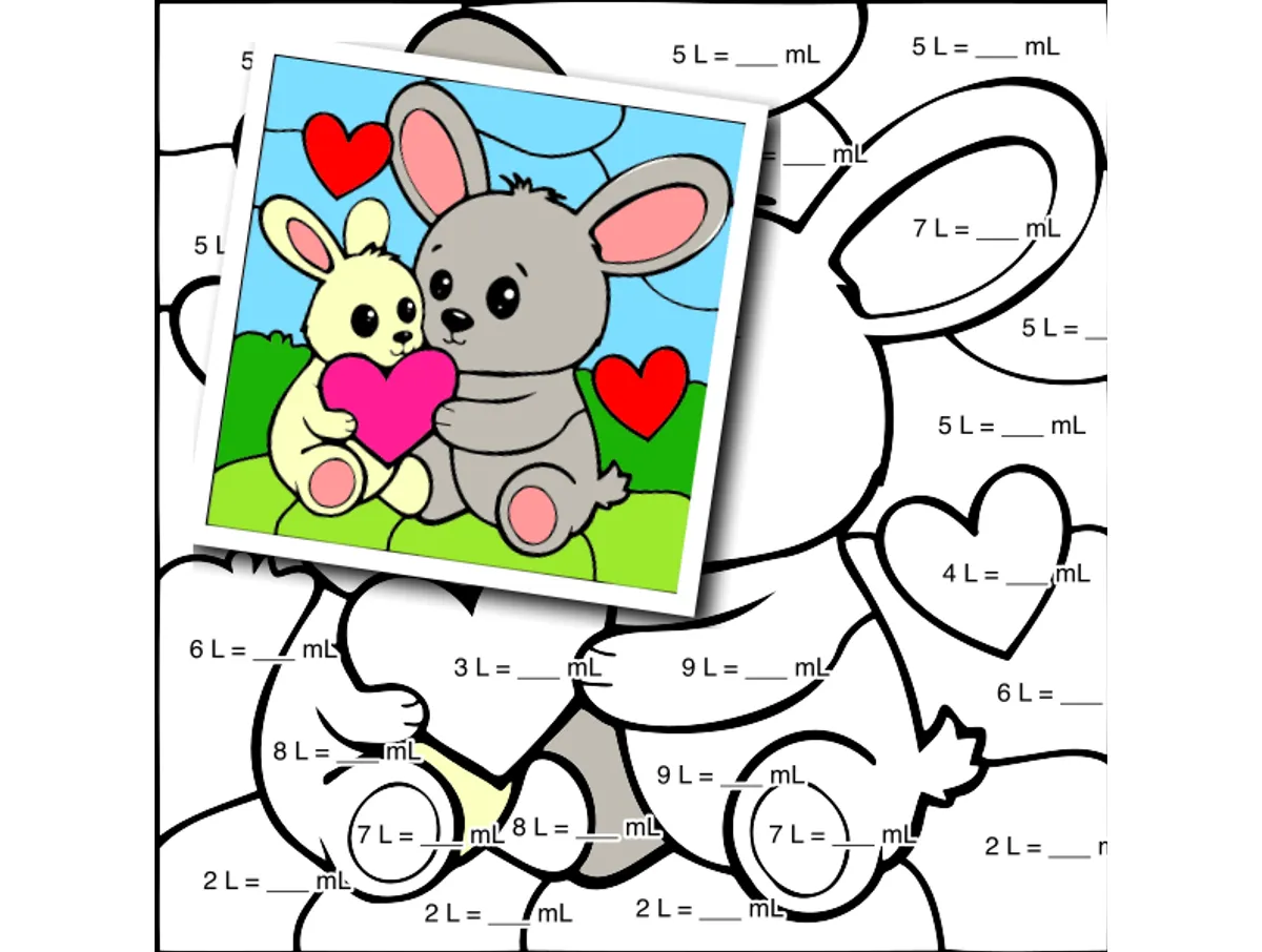 Worksheet preview: Metric Capacity Color by Number — Cute Rabbit holding a heart - Page 1 of 1