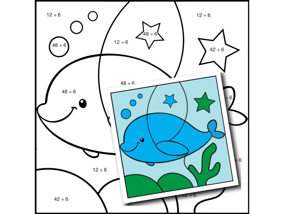 Worksheet preview: div by 6 Color by Number — Artic Animal Beluga Whale - Page 1 of 1