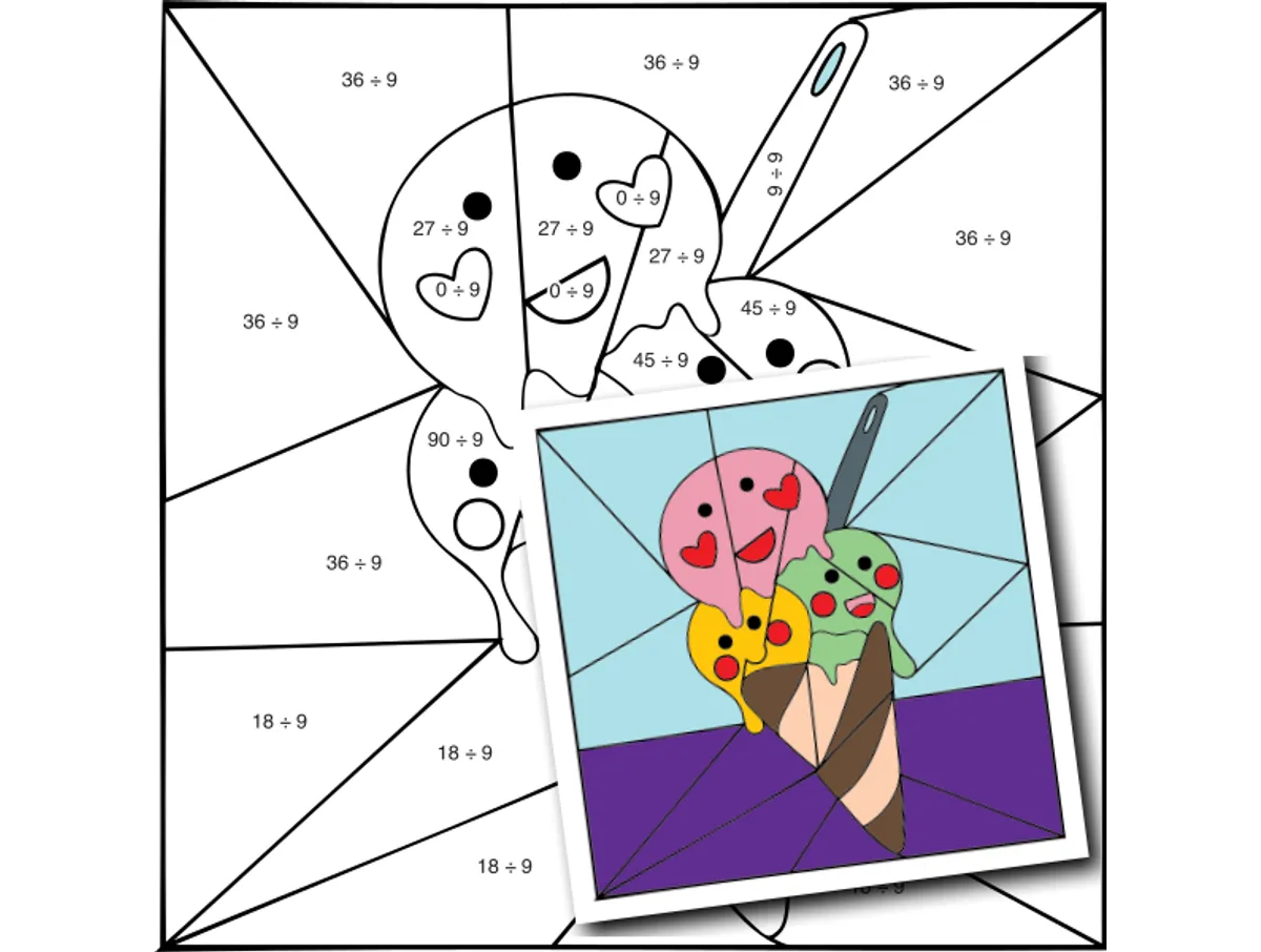 Worksheet preview: div by 9 Color by Number — Grinning Gelato - Page 1 of 1