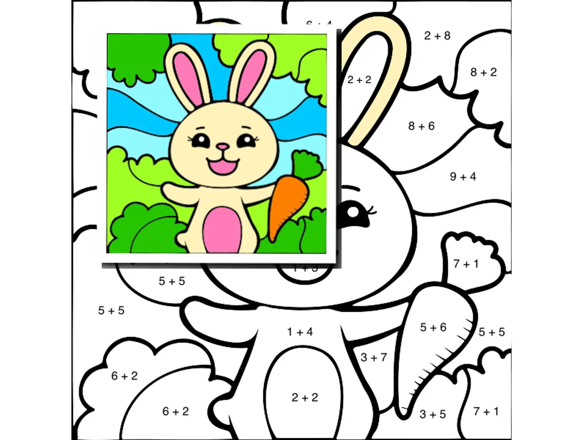 Worksheet preview: Addition within 20 Color by Number — Bunny with a Smiling Carrot - Page 1 of 1