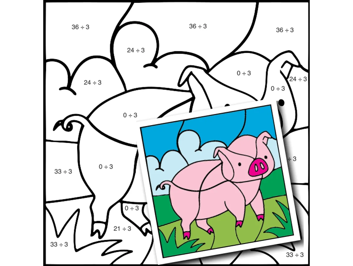 Worksheet preview: div by 3 Color by Number — Farm Animal Pig - Page 1 of 1