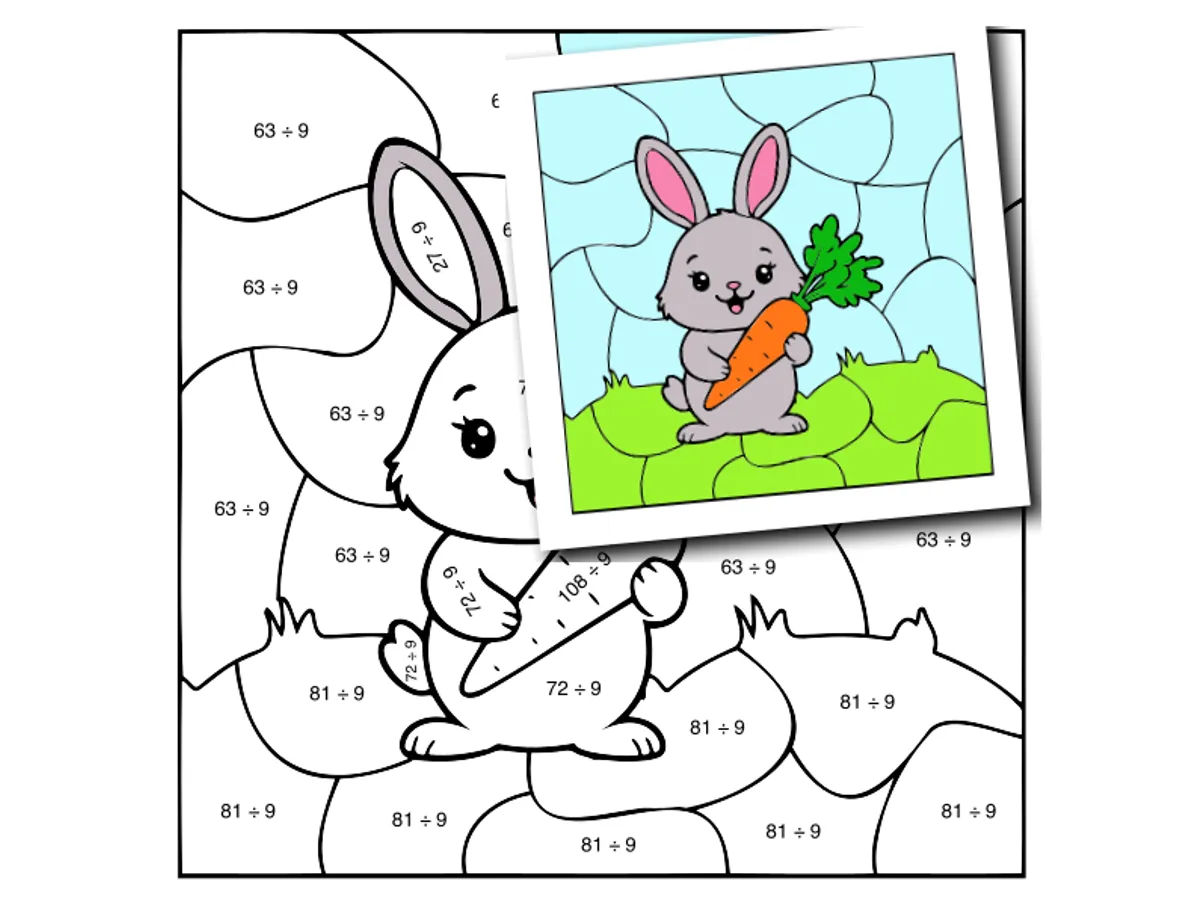Worksheet preview: div by 9 Color by Number — Bunny with a carrot - Page 1 of 1