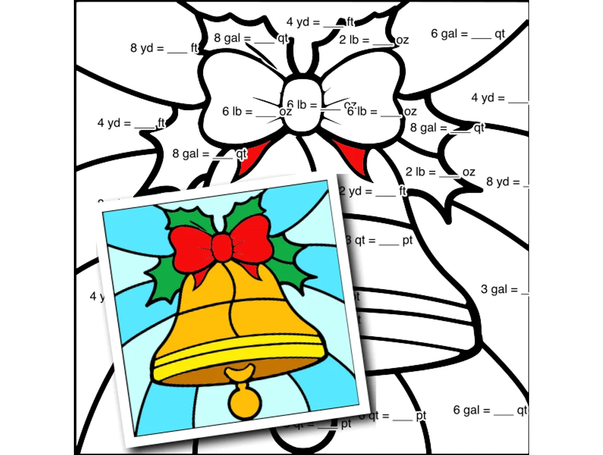 Worksheet preview: Customary Conversions Color by Number — Christmas bell - Page 1 of 1