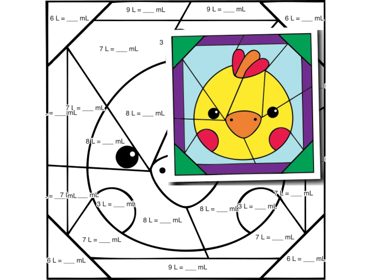 Worksheet preview: Metric Capacity Color by Number — Animal face - Duck - Page 1 of 1