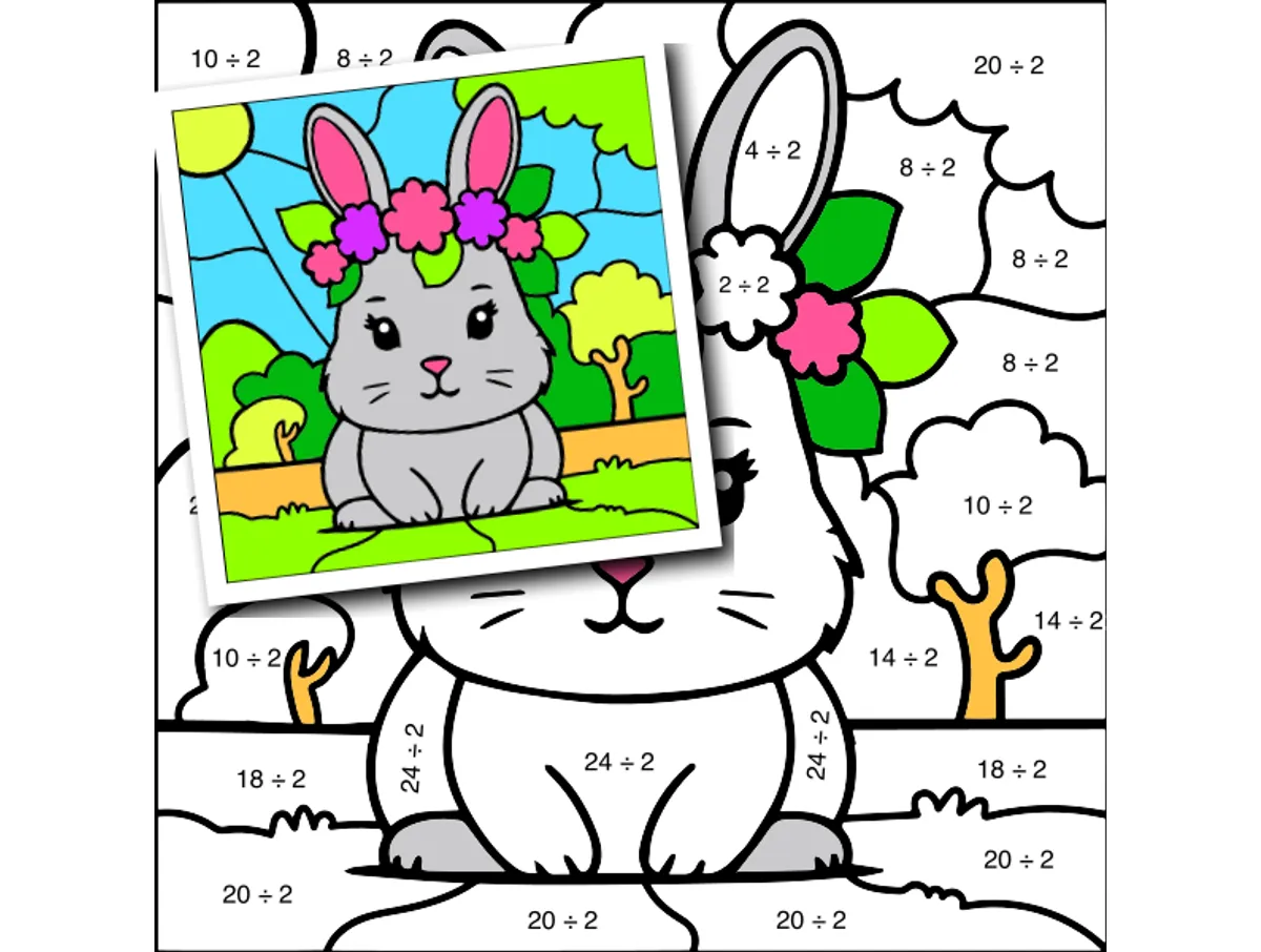 Worksheet preview: div by 2 Color by Number — Bunny with a Flower Crown - Page 1 of 1