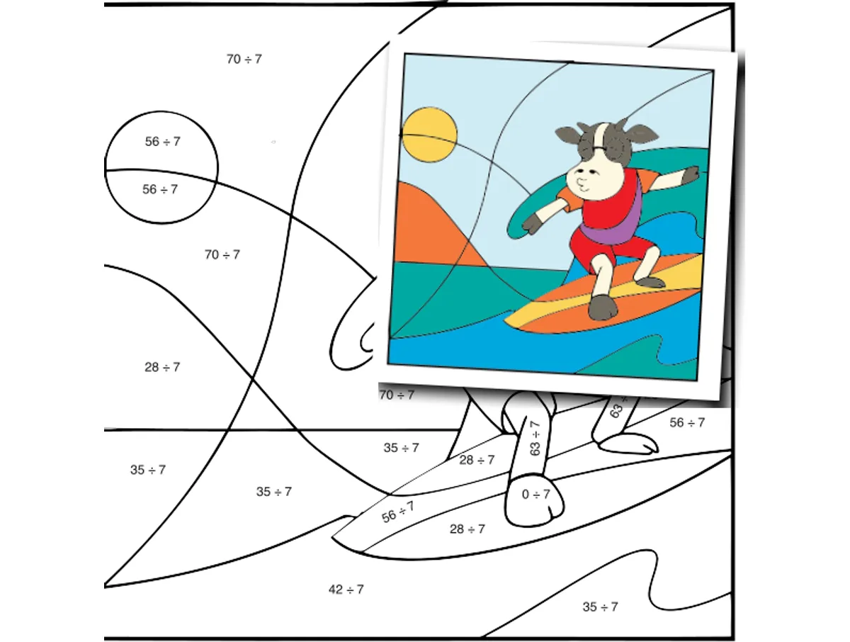 Worksheet preview: div by 7 Color by Number — Cow surboading in Beach - Page 1 of 1