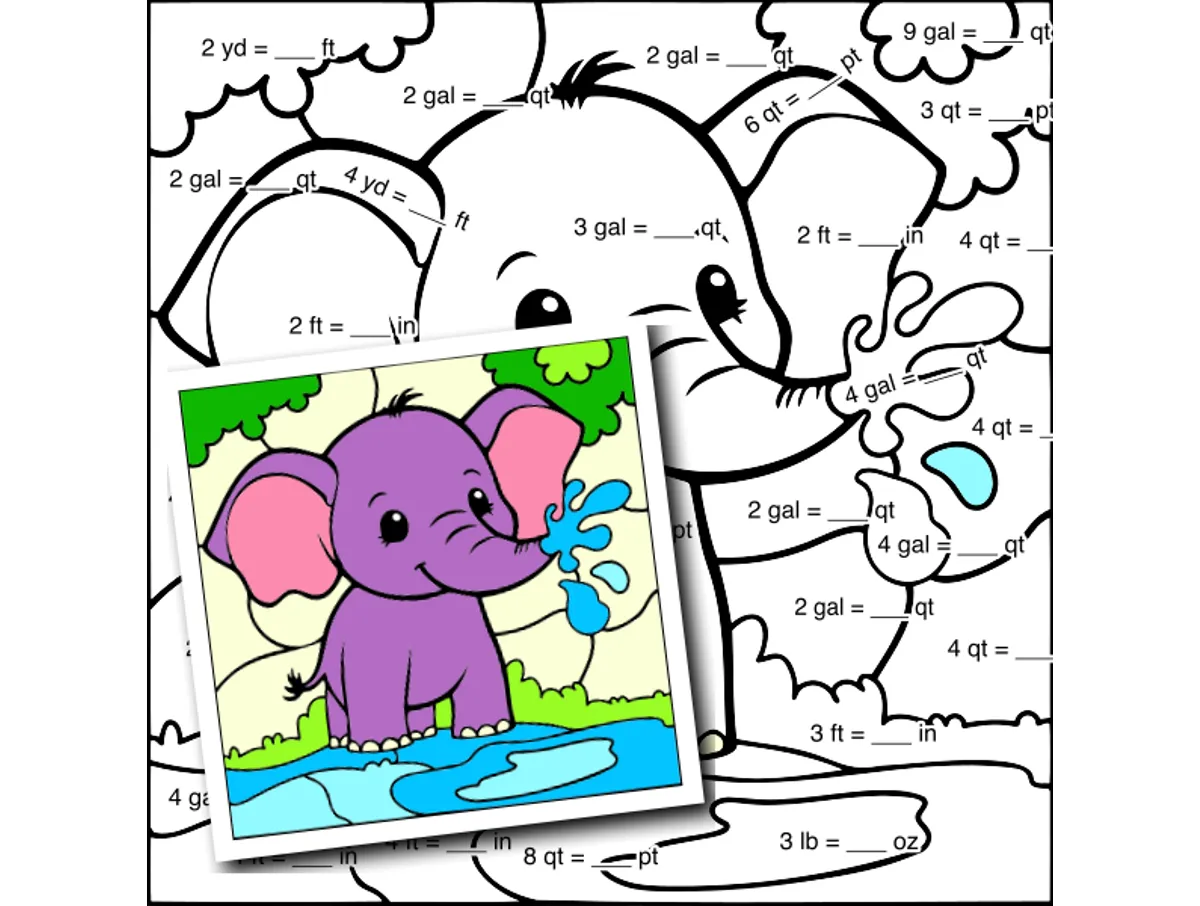 Worksheet preview: Customary Conversions Color by Number — Elephant Spraying Water Playfully - Page 1 of 1