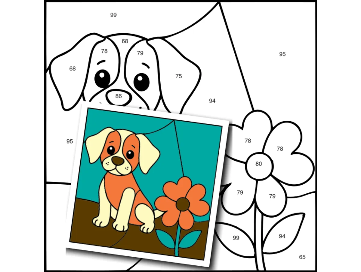 Worksheet preview: 2-Digit Addition (no regrouping) Color by Number — Curious Beagle with Flower - Page 1 of 1
