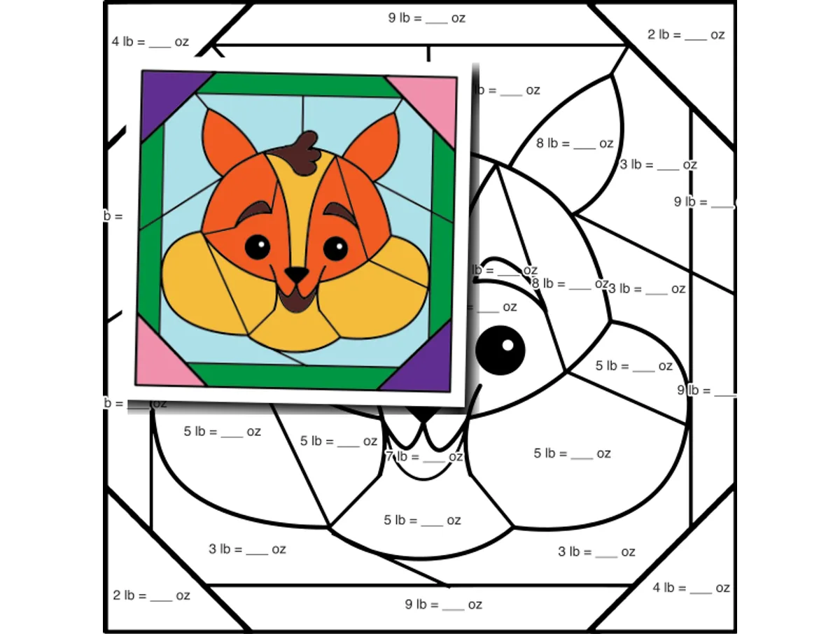 Worksheet preview: Customary Weight Color by Number — Animal face - Squirrel - Page 1 of 1