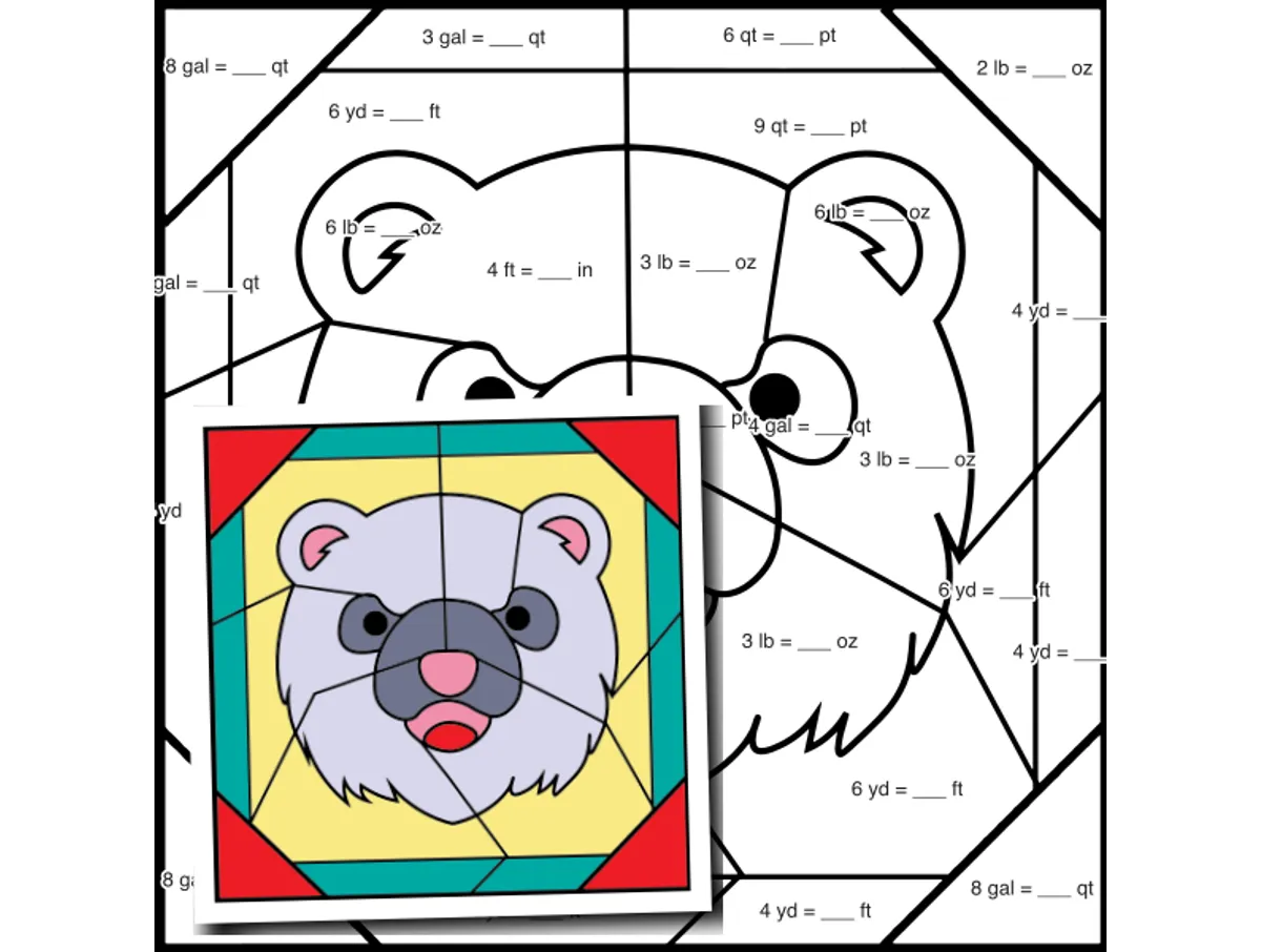 Worksheet preview: Customary Conversions Color by Number — Animal face - Polar Bear - Page 1 of 1