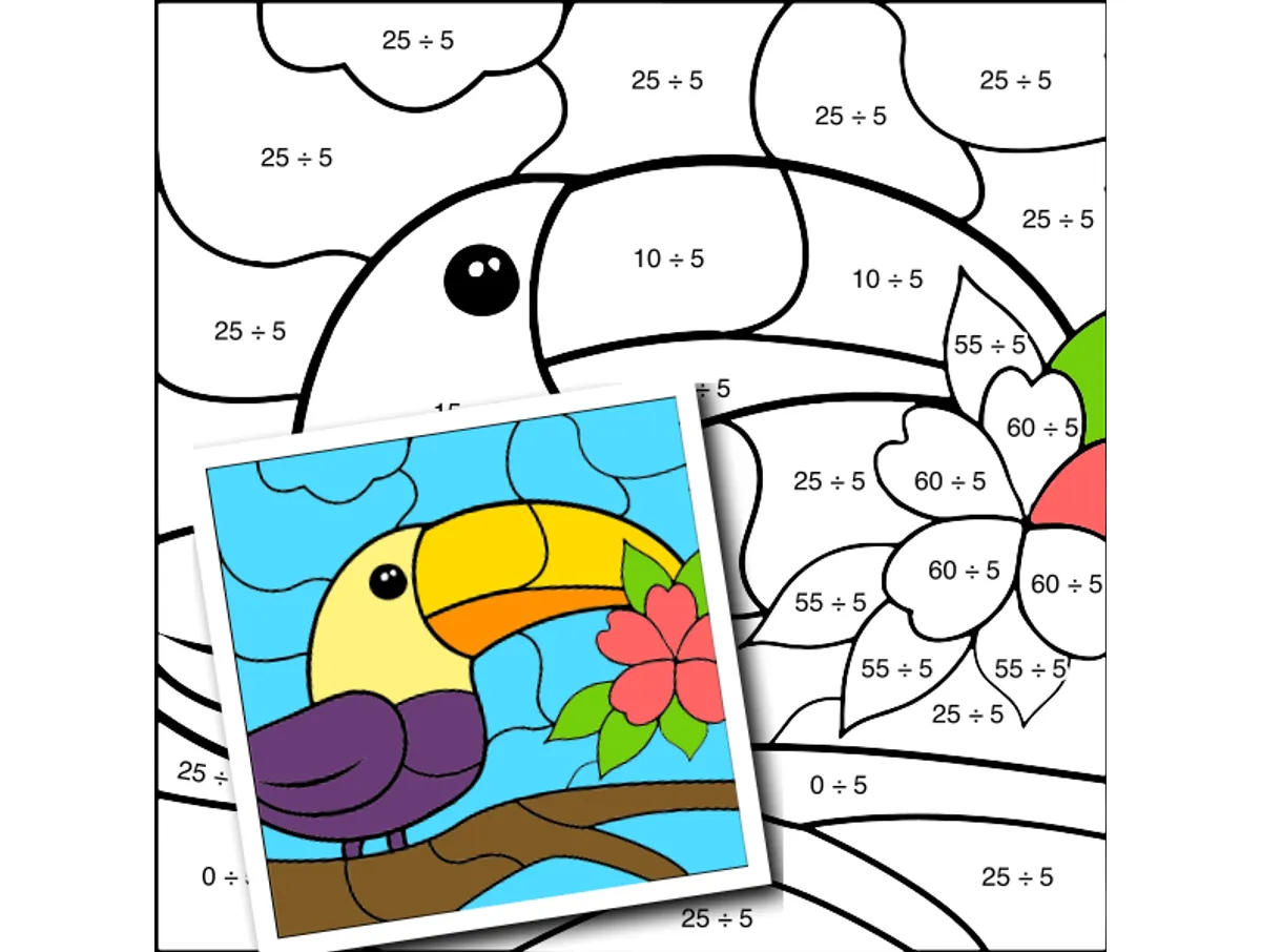 Worksheet preview: div by 5 Color by Number — Hippo with heart-shaped ears - Page 1 of 1