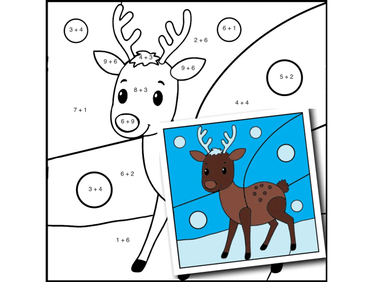 Worksheet preview: Addition within 20 Color by Number — Artic Animal Caribou - Page 1 of 1