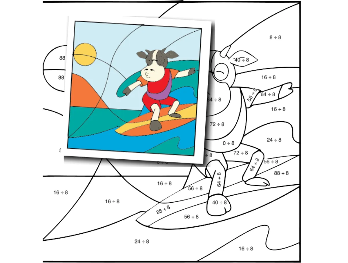 Worksheet preview: div by 8 Color by Number — Cow surboading in Beach - Page 1 of 1