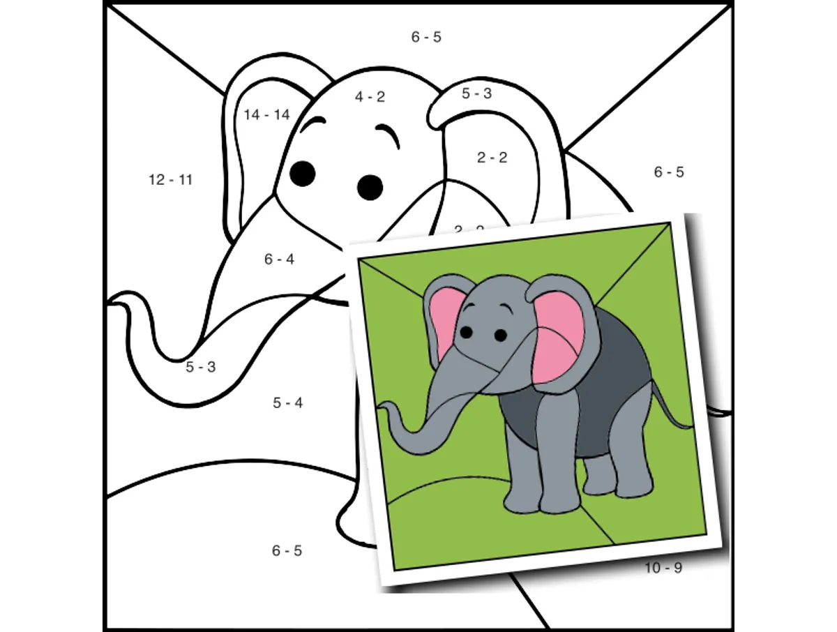 Worksheet preview: Subtraction within 20 Color by Number — Zoo Animal Elephant - 2 - Page 1 of 1